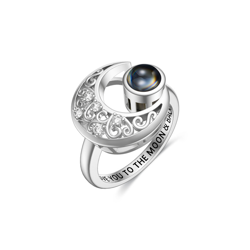 Sterling Silver Cubic Zirconia Moon Ring with Engraved Word-3