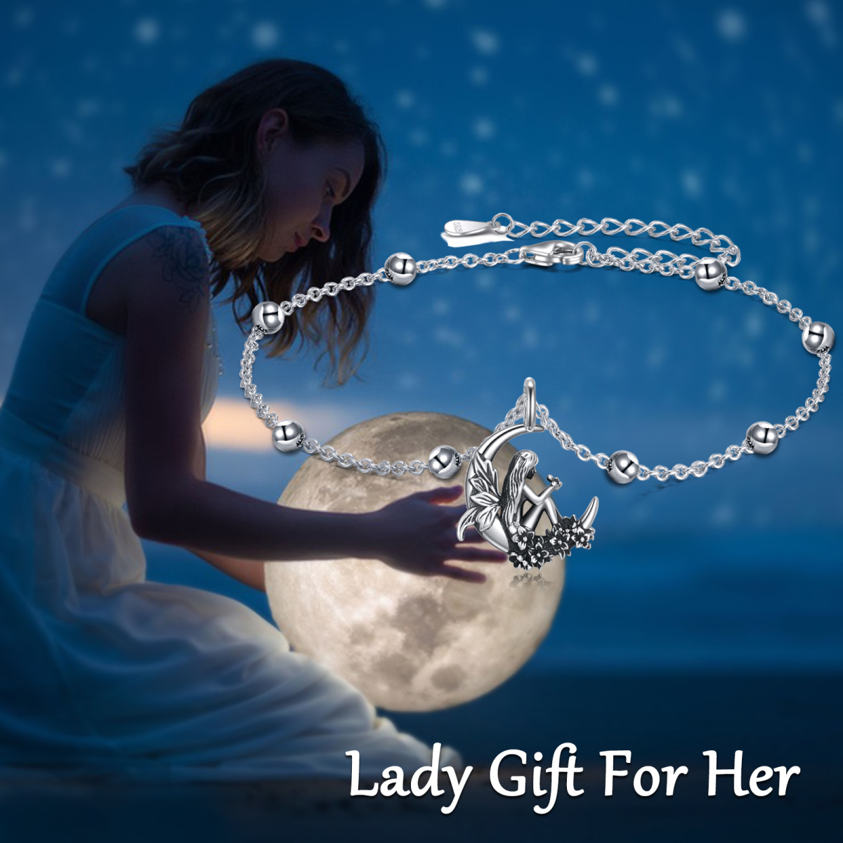 Cavigliera a strato singolo con luna in argento sterling-6