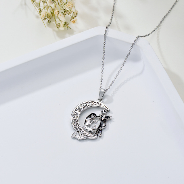 Sterling Silver Moon & Skeleton Pendant Necklace-4