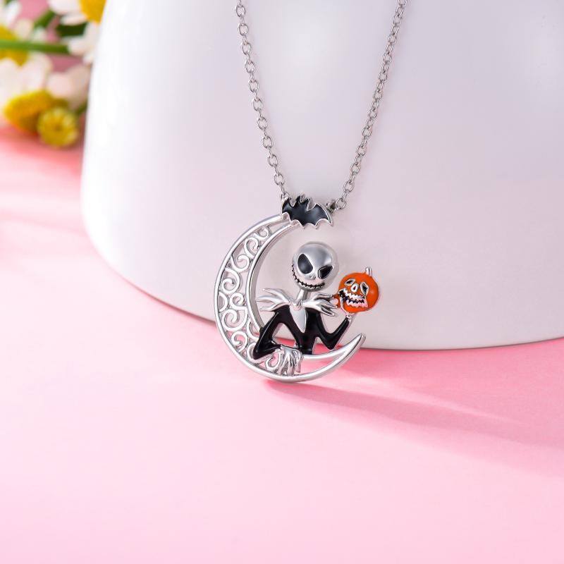 Sterling Silver Moon & Skull Pendant Necklace-4