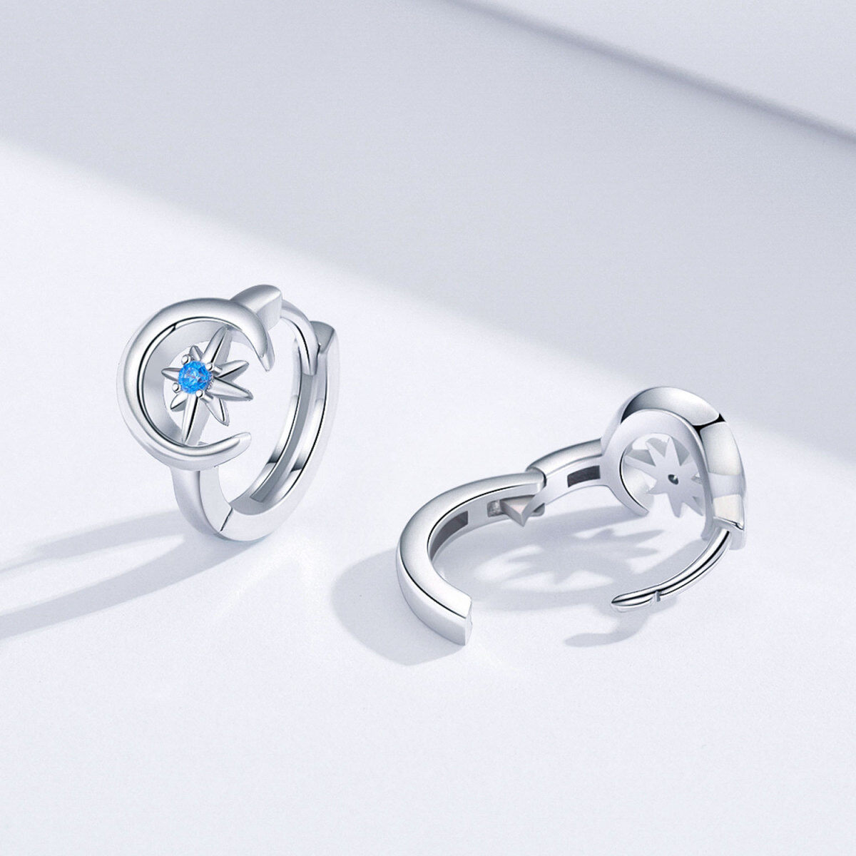 Sterling Silver Cubic Zirconia Moon & Star Hoop Earrings-4