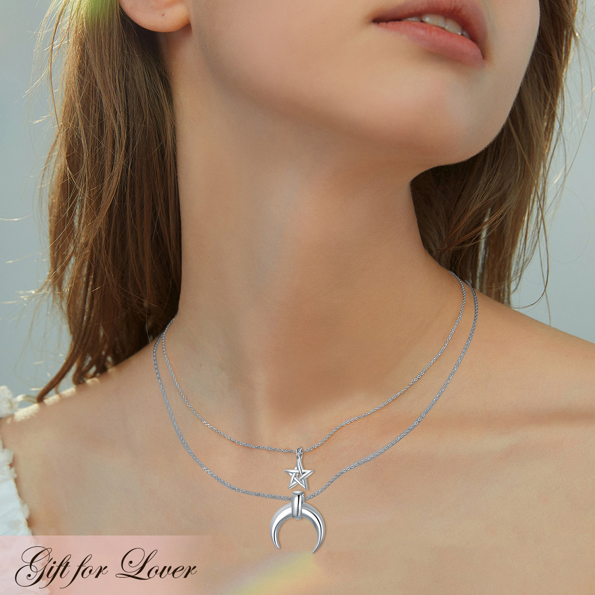 Collier superposé en argent Sterling Moon & Star-2