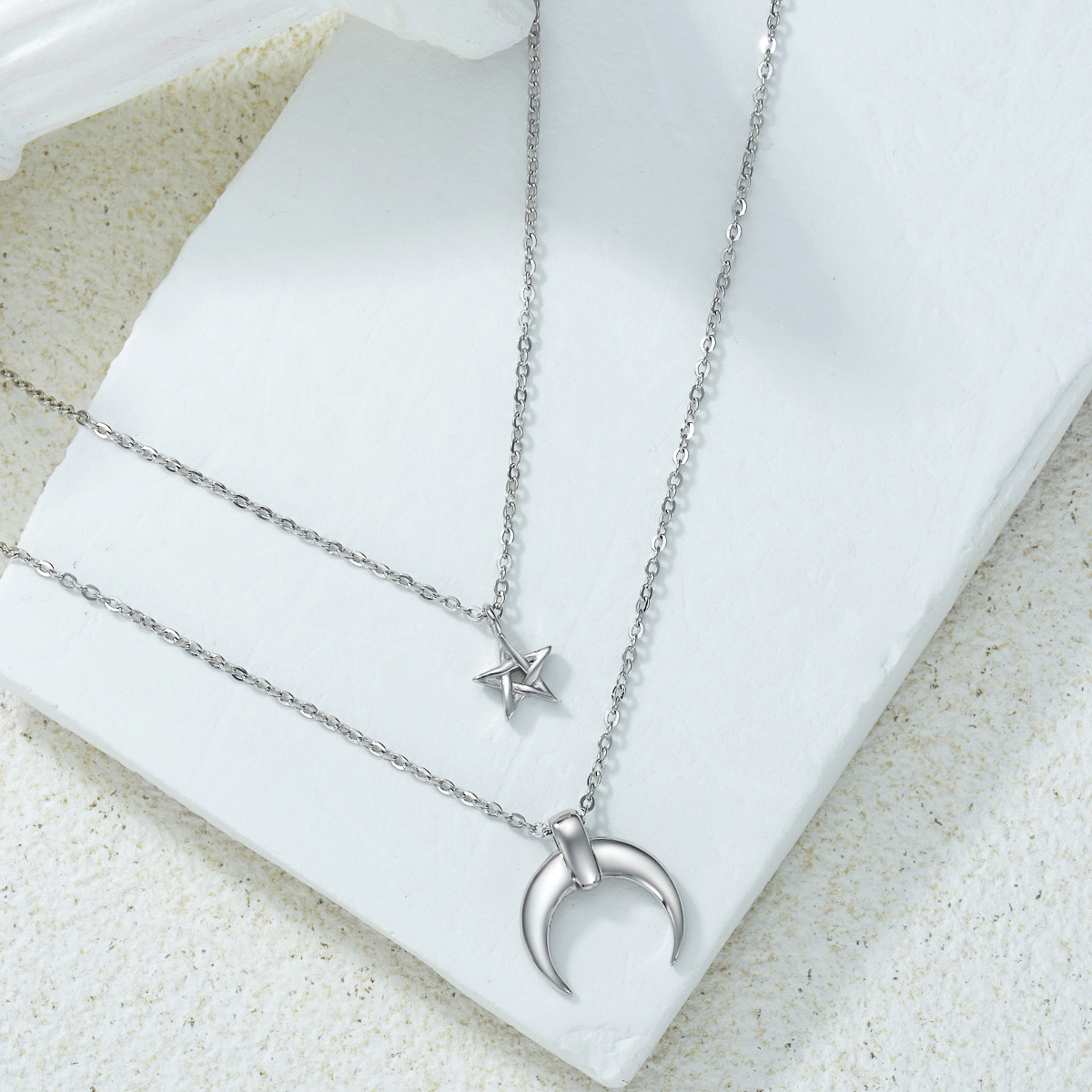 Sterling Silver Moon & Star Layered Necklace-3