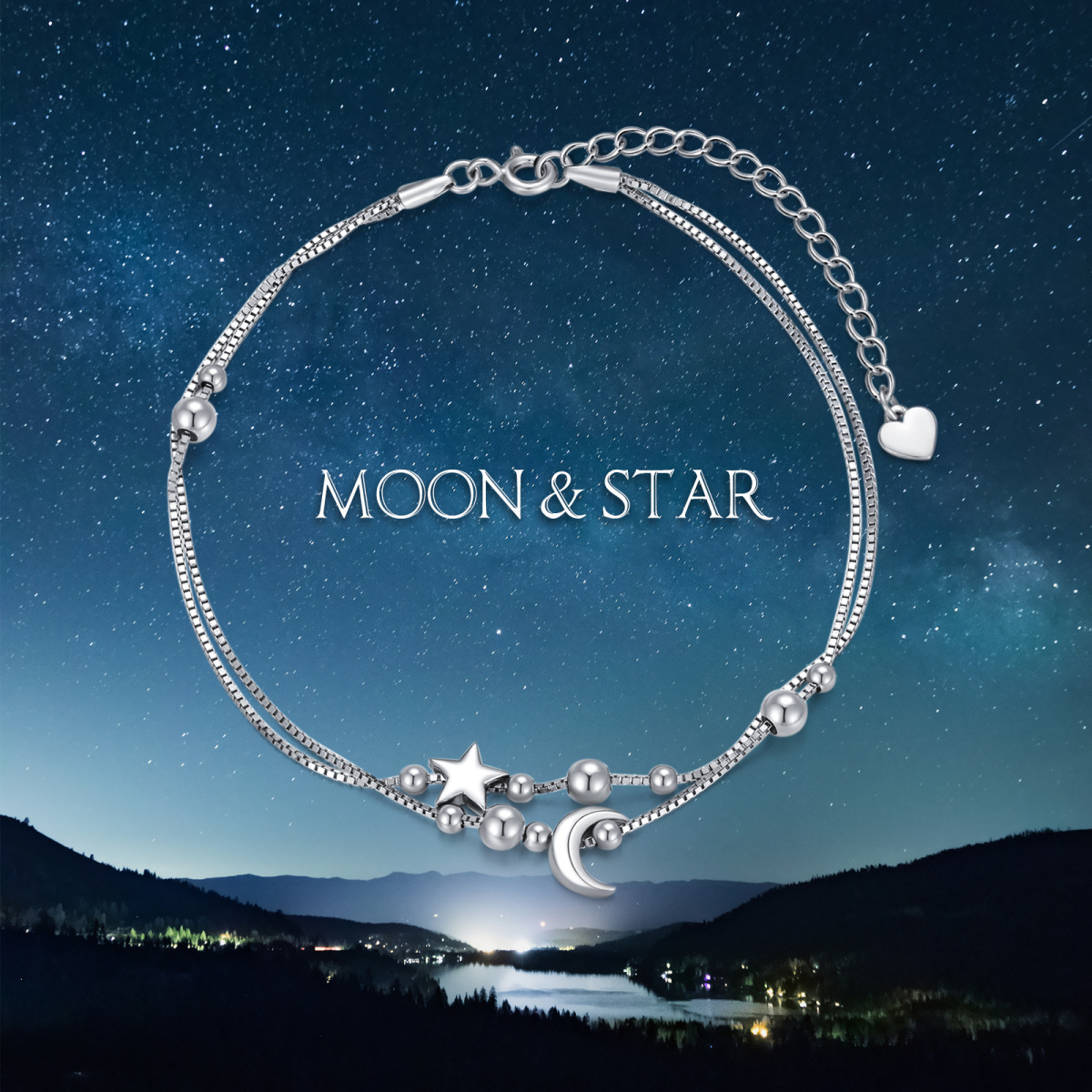 Sterling Silver Moon & Star Multi-layered Anklet-5