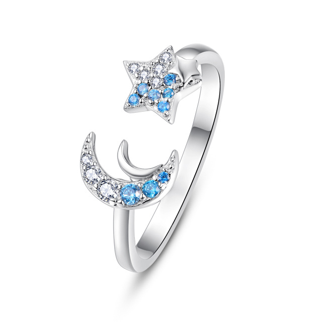 Bague ouverte en argent sterling avec lune et étoile en zircon cubique-1