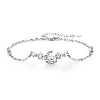 Sterling Silver Cubic Zirconia Moon & Star Pendant Bracelet-2