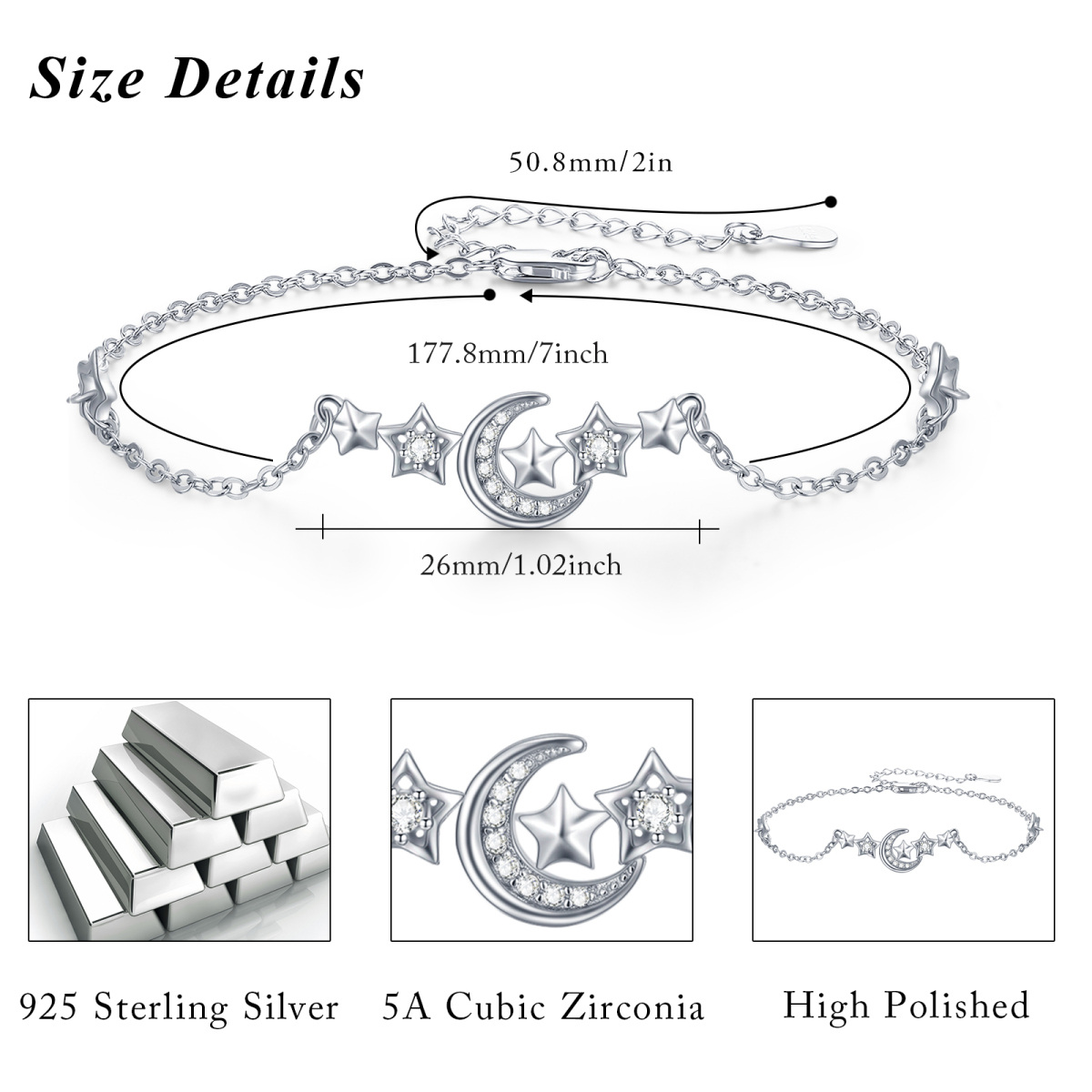 Bracelet en argent sterling avec pendentif lune et étoile en zircon cubique-5