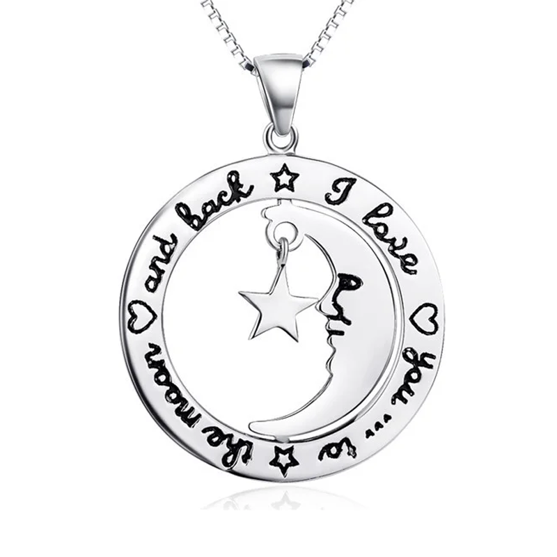 Sterling Silver Moon & Star Pendant Necklace with Engraved Word-1