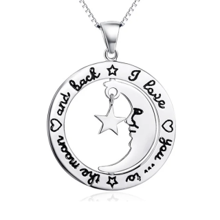 Sterling Silver Moon & Star Pendant Necklace with Engraved Word-12