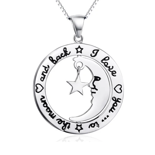 Sterling Silver Moon & Star Pendant Necklace with Engraved Word