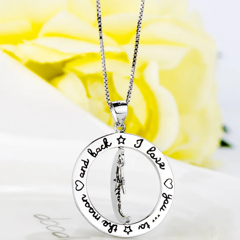 Sterling Silver Moon & Star Pendant Necklace with Engraved Word-2