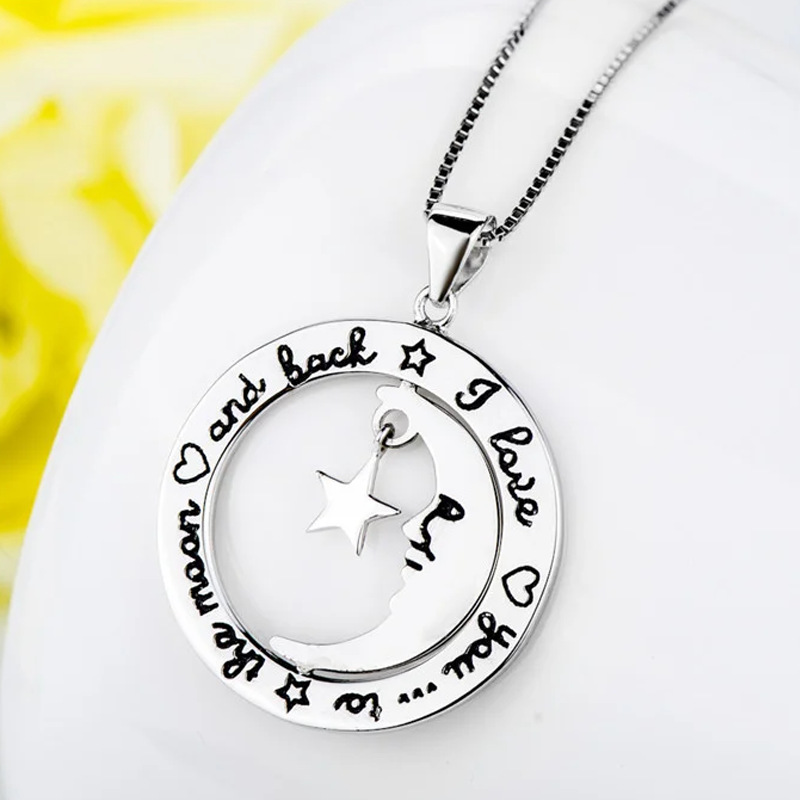 Sterling Silver Moon & Star Pendant Necklace with Engraved Word-3