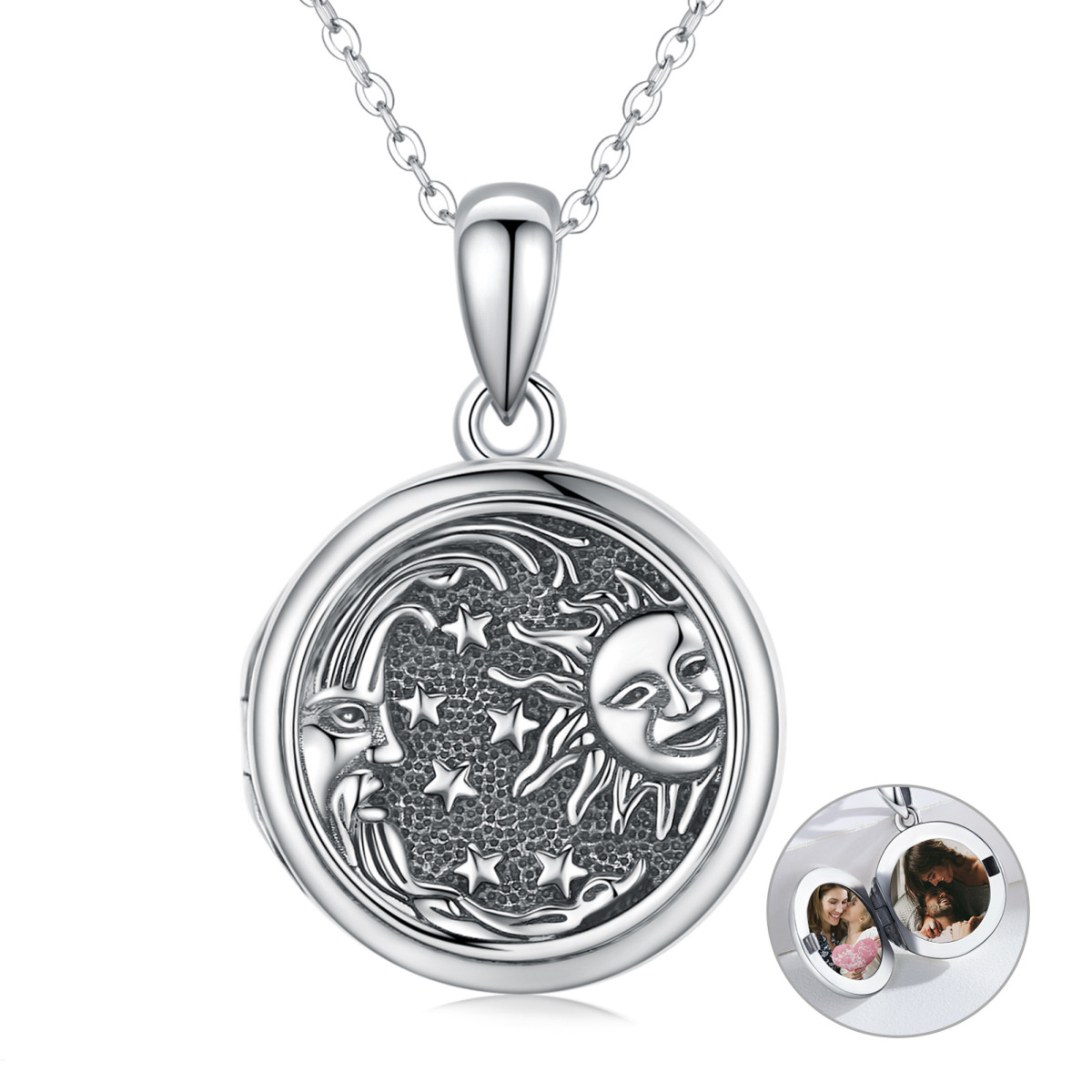 Plata de ley Luna Estrella Sol Personalizado Foto Locket Collar-1