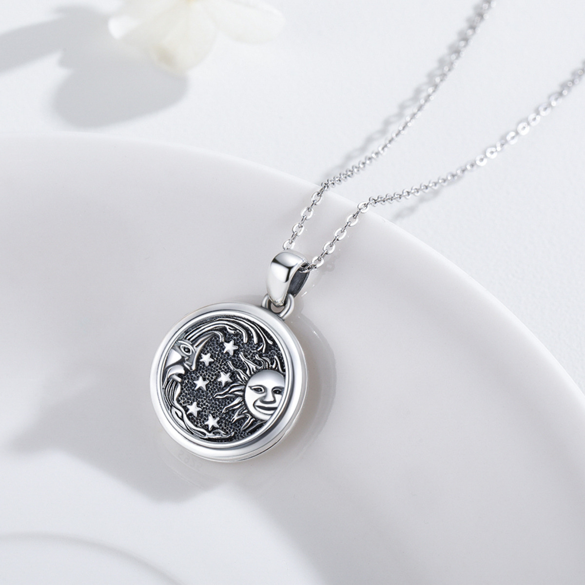 Sterling Silver Moon Star Sun Personalized Photo Locket Necklace-3