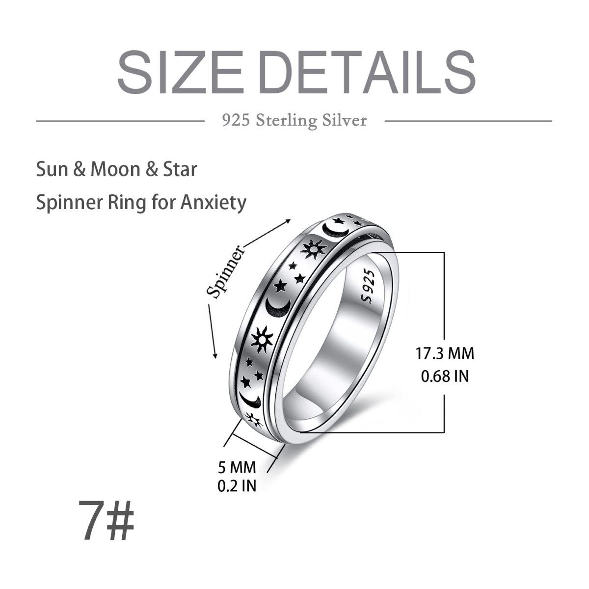 Bague en argent sterling avec lune, étoile, soleil, bijoux d'anxiété pour filles et femmes-3