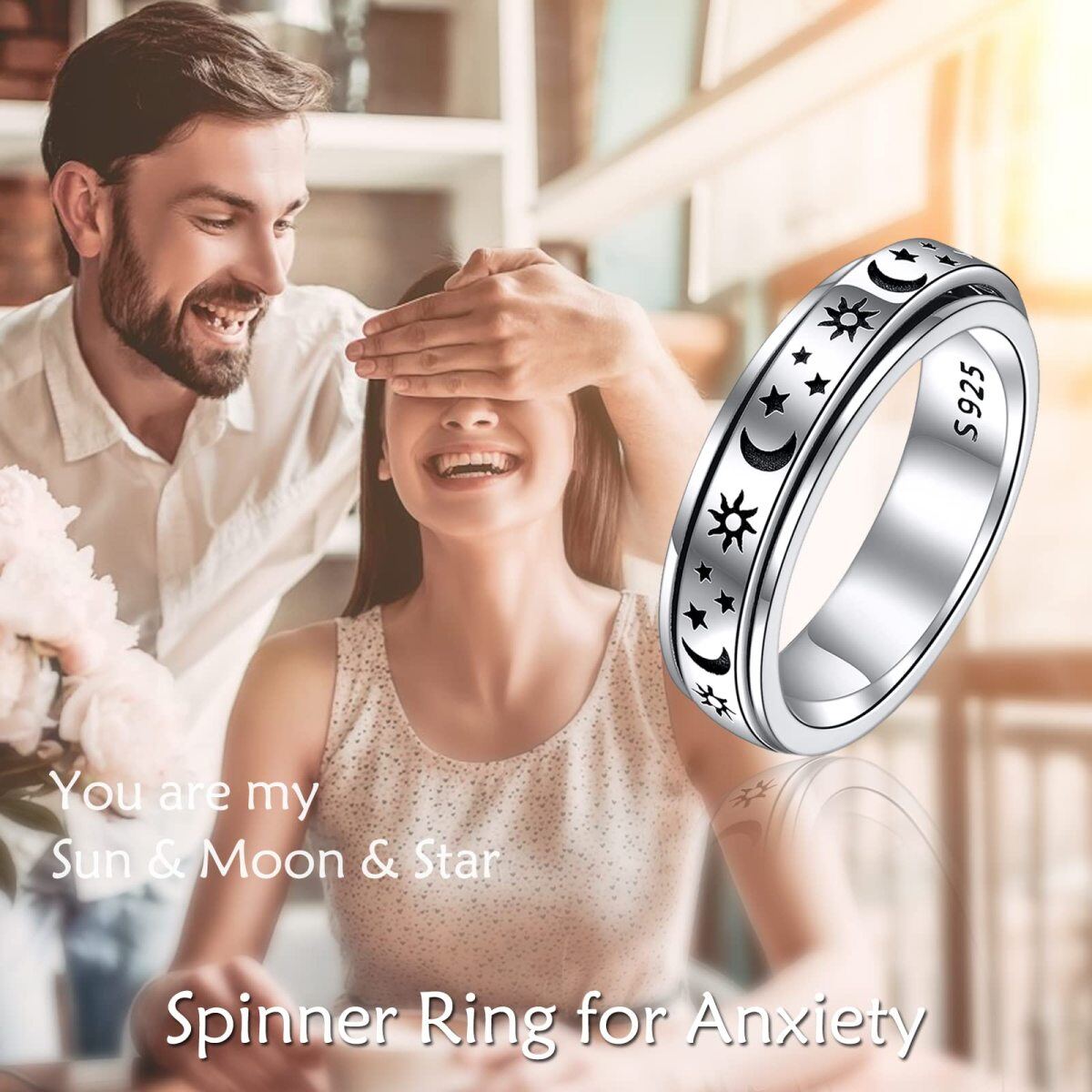 Bague en argent sterling avec lune, étoile, soleil, bijoux d'anxiété pour filles et femmes-4