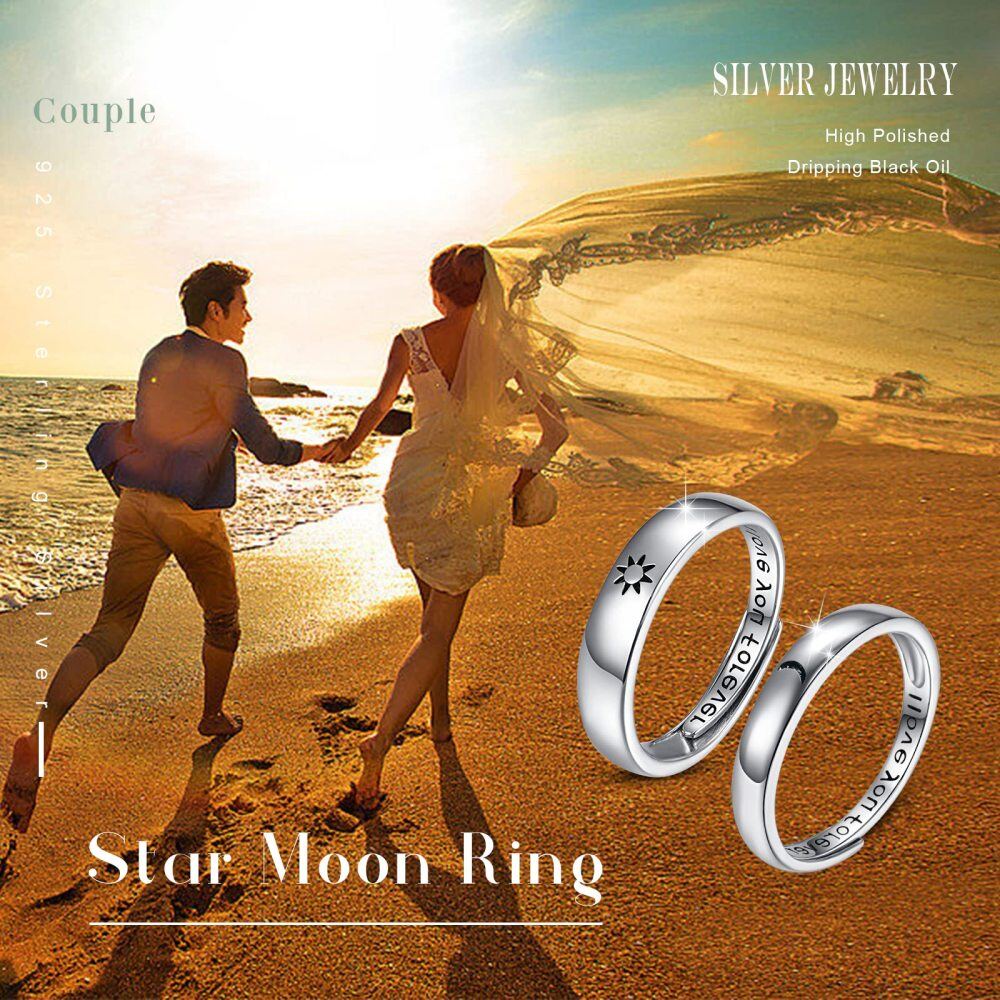 Anello aperto in argento sterling con luna e sole e parola incisa-3