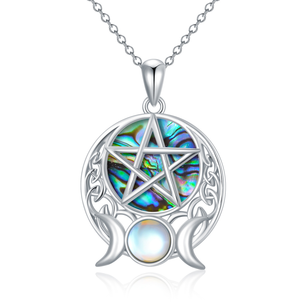 Collar con colgante de plata de ley con piedra lunar redonda y luna de mariscos de abulón con pentagrama para mujeres y mejores amigas-1