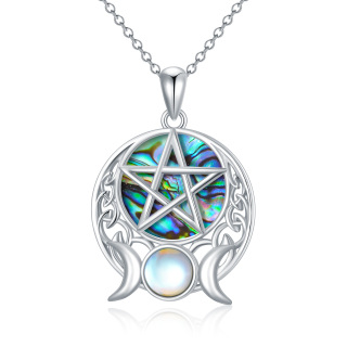 Sterling Silver Round Moonstone & Abalone Shellfish Moon With Pentagram Pendant Necklace For Women Best Friends-41