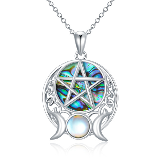 Sterling Silver Round Moonstone & Abalone Shellfish Moon With Pentagram Pendant Necklace For Women Best Friends