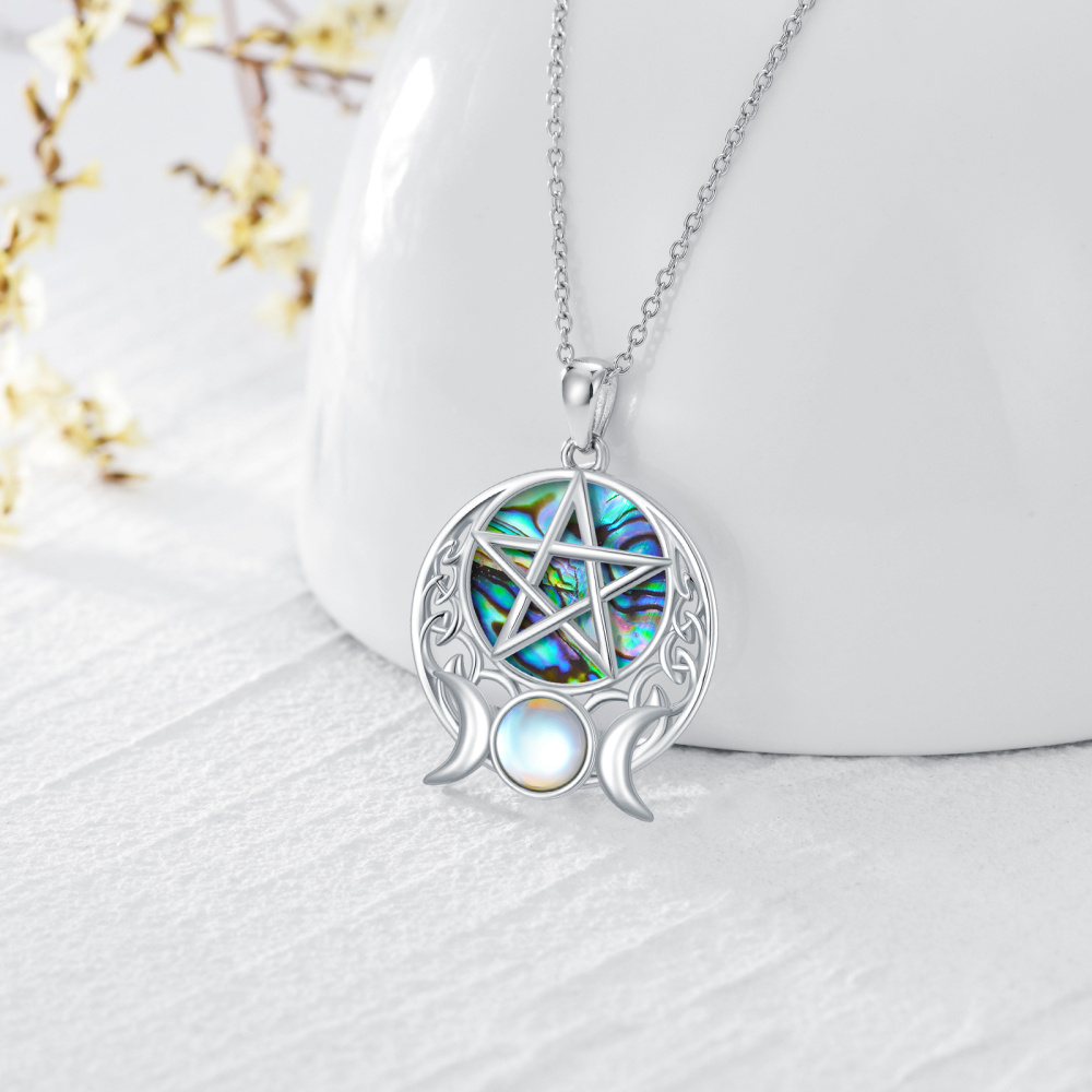 Collar con colgante de plata de ley con piedra lunar redonda y luna de mariscos de abulón con pentagrama para mujeres y mejores amigas-3