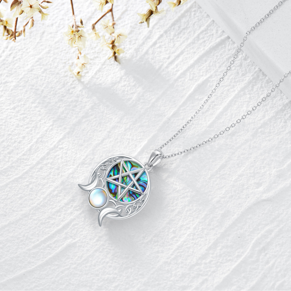 Collar con colgante de plata de ley con piedra lunar redonda y luna de mariscos de abulón con pentagrama para mujeres y mejores amigas-4