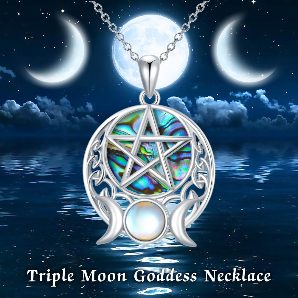 Collar con colgante de plata de ley con piedra lunar redonda y luna de mariscos de abulón con pentagrama para mujeres y mejores amigas-6