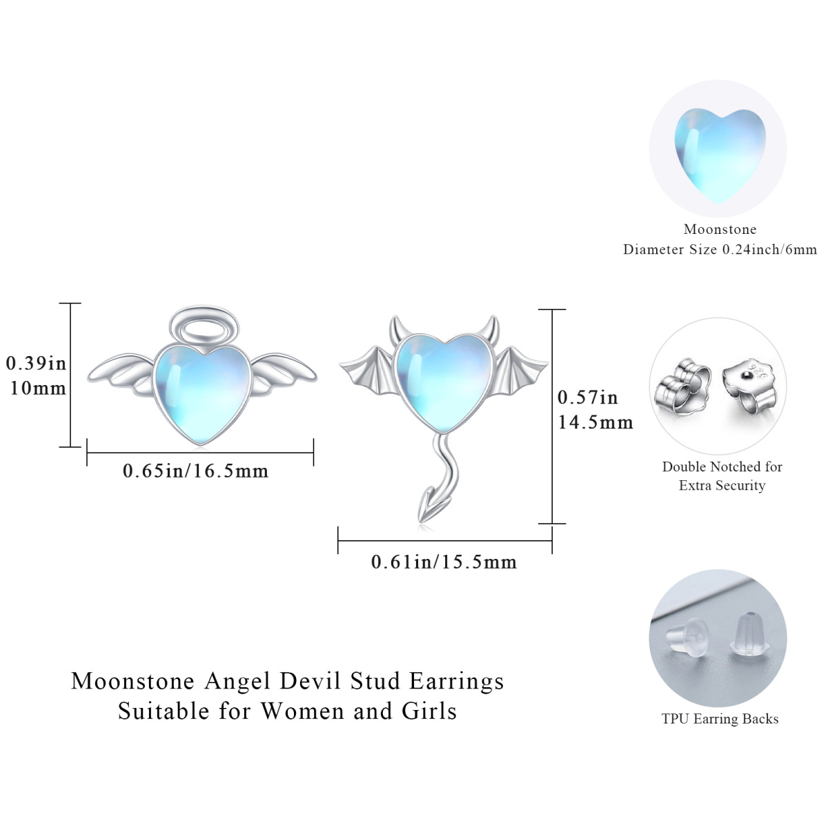 Sterling Silver Moonstone Angel & Heart Stud Earrings-5