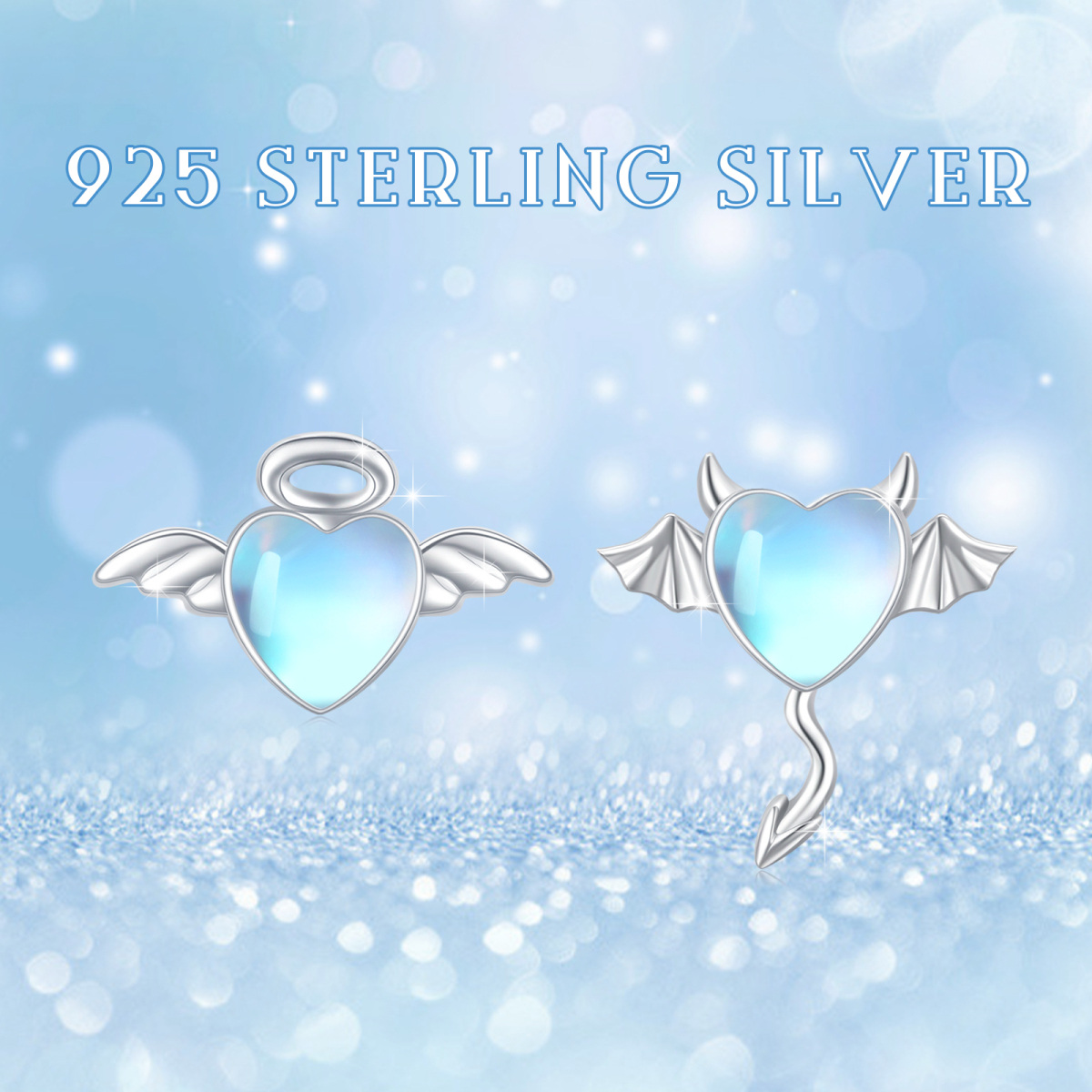 Sterling Silver Moonstone Angel & Heart Stud Earrings-7