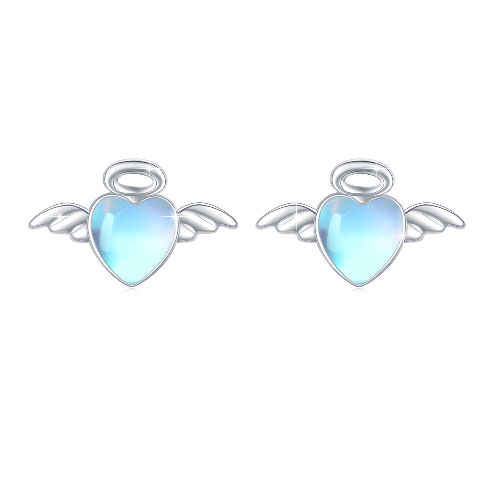 Image of Sterling Silver Moonstone Angel Wing & Heart Stud Earrings