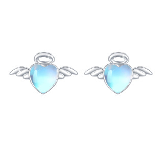 Sterling Silver Moonstone Angel Wing & Heart Stud Earrings-1