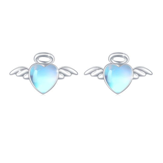 Sterling Silver Moonstone Angel Wing & Heart Stud Earrings