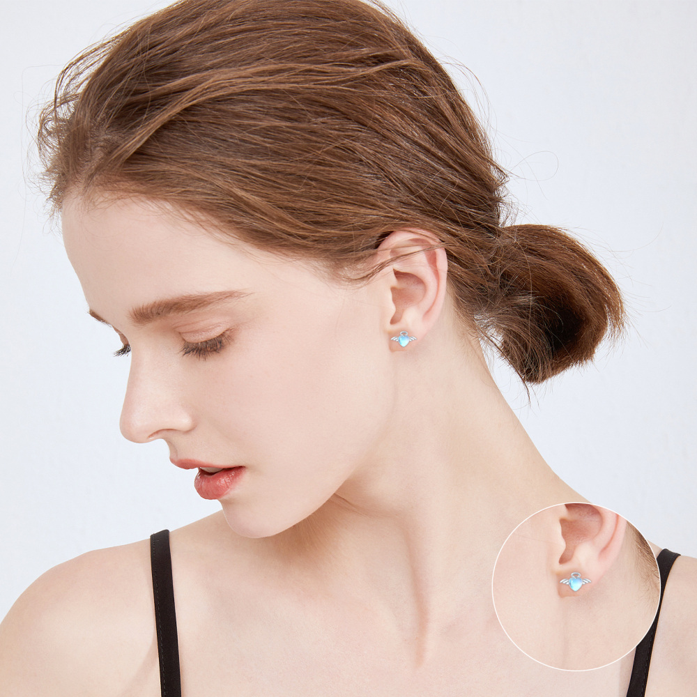 Sterling Silver Moonstone Angel Wing & Heart Stud Earrings-2