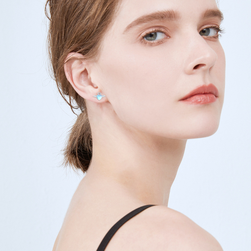 Sterling Silver Moonstone Angel Wing & Heart Stud Earrings-3