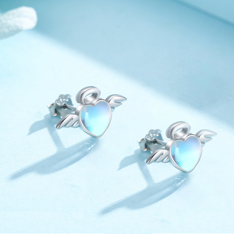 Sterling Silver Moonstone Angel Wing & Heart Stud Earrings-4