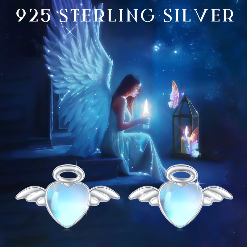 Sterling Silver Moonstone Angel Wing & Heart Stud Earrings-5