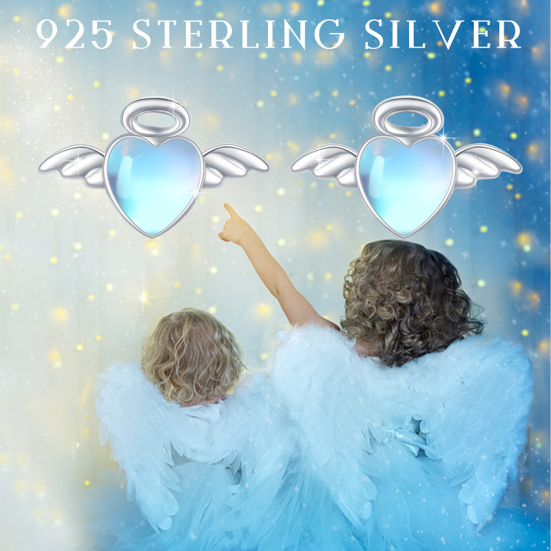 Sterling Silver Moonstone Angel Wing & Heart Stud Earrings-6