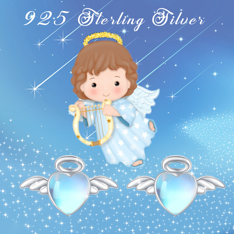Sterling Silver Moonstone Angel Wing & Heart Stud Earrings-7