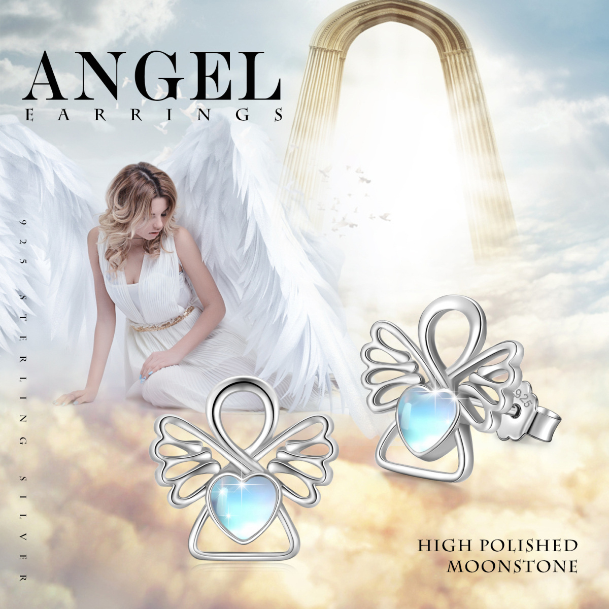 Boucles d'oreilles en argent sterling avec aile d'ange en pierre de lune-4