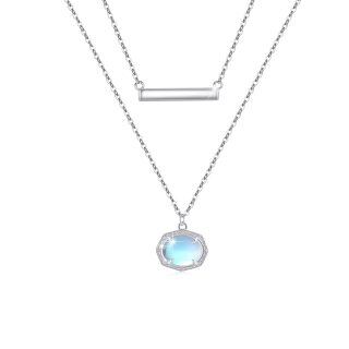 Sterling Silver Moonstone Bar & Oval Shaped Layered Necklace-44