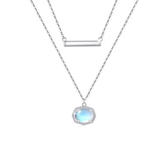 Sterling Silver Moonstone Bar & Oval Shaped Layered Necklace