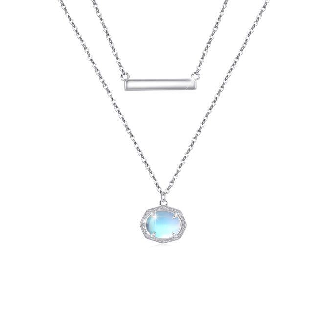 Sterling Silver Moonstone Bar & Oval Shaped Layered Necklace-4