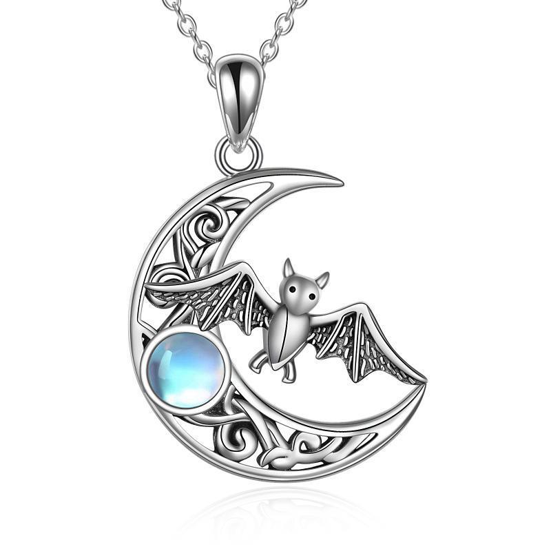 Sterling Silver Moonstone Bat & Moon With Celtic Knot Pendant Necklace For Women-1