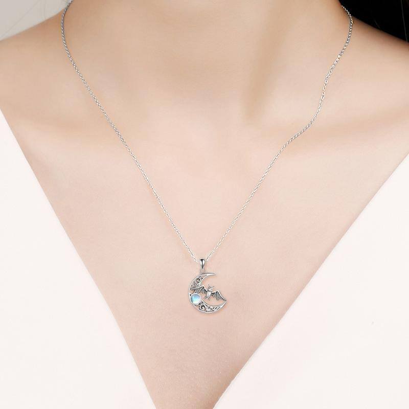 Collar con colgante de murciélago y luna de piedra lunar de plata de ley con nudo celta para mujer-2