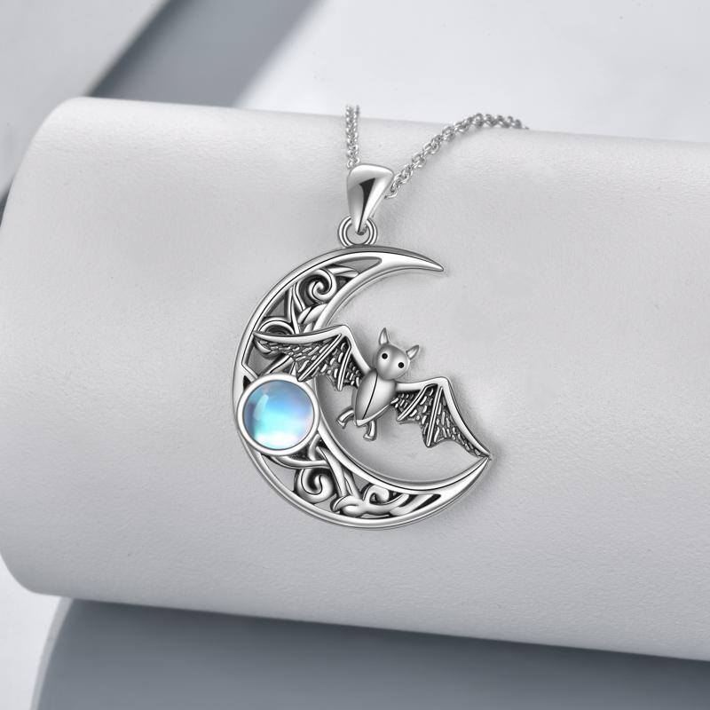 Collar con colgante de murciélago y luna de piedra lunar de plata de ley con nudo celta para mujer-3