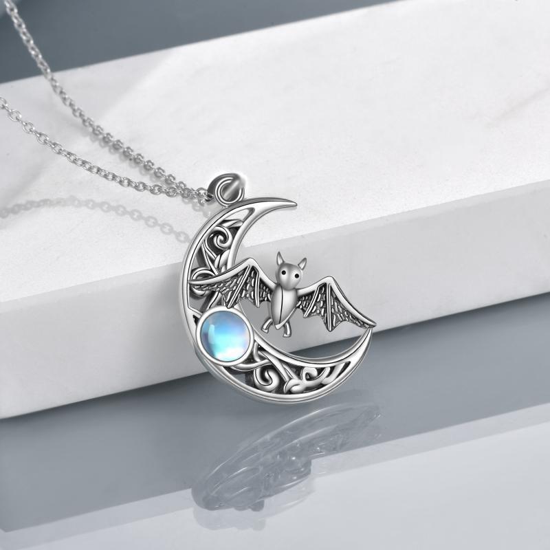 Sterling Silver Moonstone Bat & Moon With Celtic Knot Pendant Necklace For Women-4