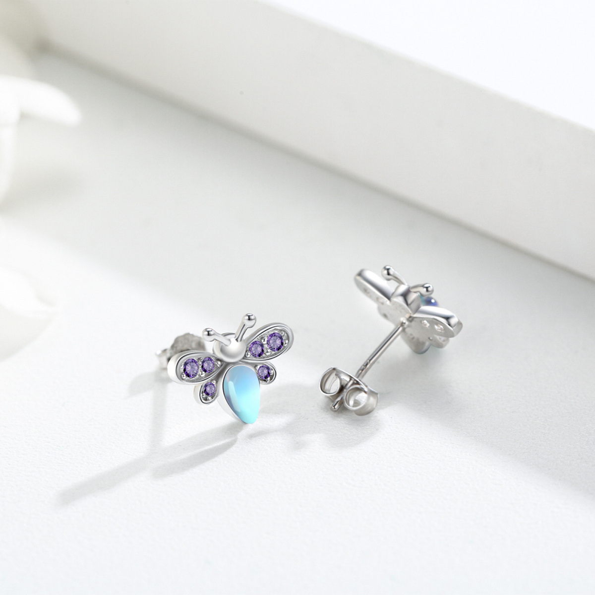 Sterling Silver Moonstone Bee Stud Earrings-4