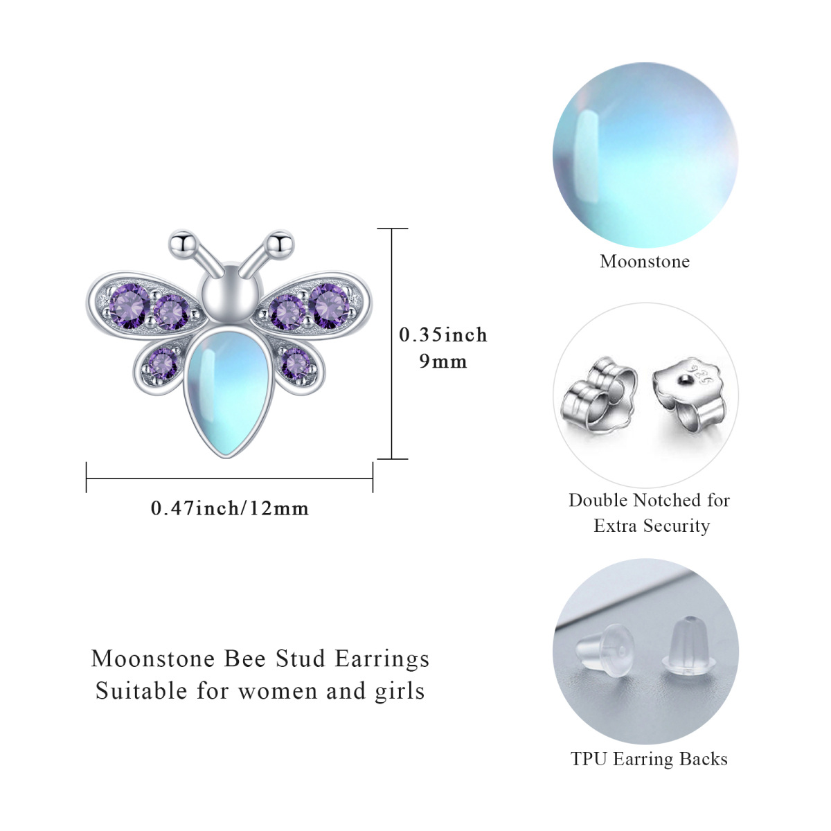 Sterling Silver Moonstone Bee Stud Earrings-5