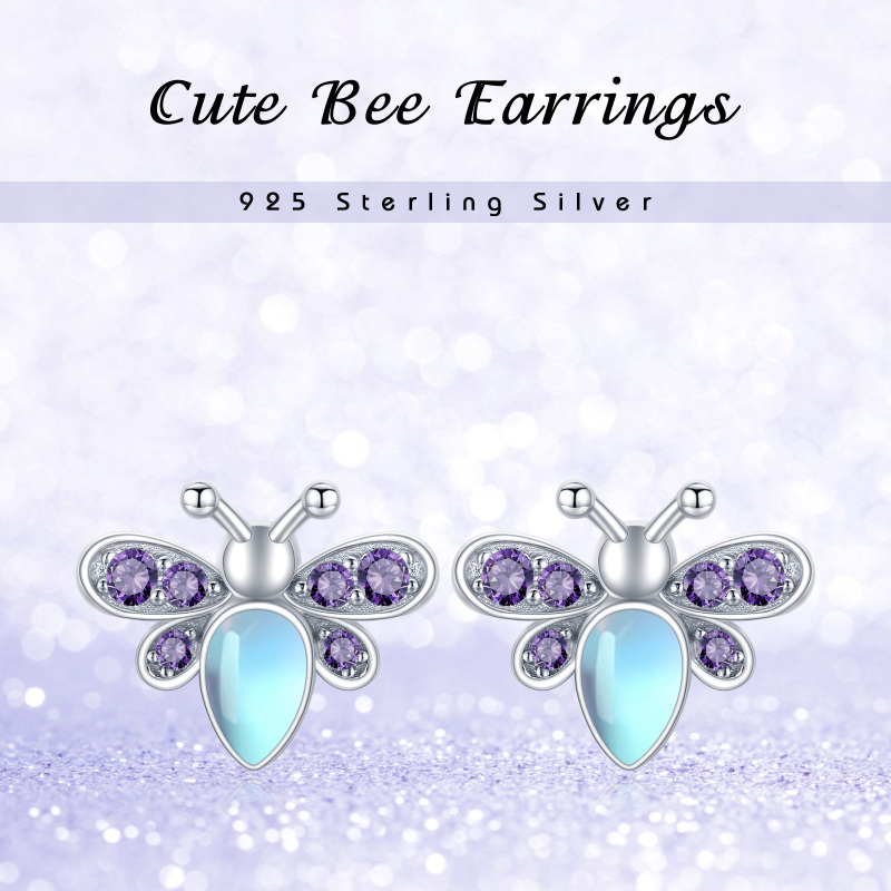 Sterling Silver Moonstone Bee Stud Earrings-6