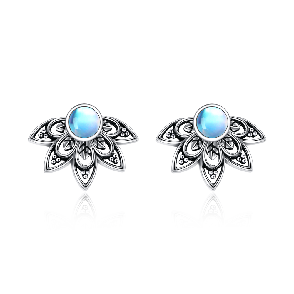 Orecchini a bottone in argento sterling con pietra di luna e loto blu-1
